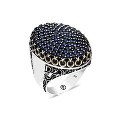 Bague homme ovale en argent et zircon bleu marine