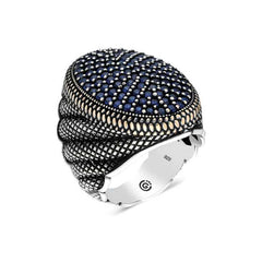 Silver Navy Blue Zircon Stone Oval Men's Ring