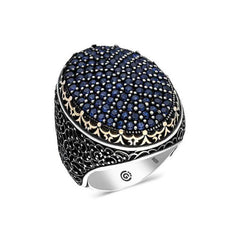 Silver Navy Blue Zircon Stone Oval Men's Ring