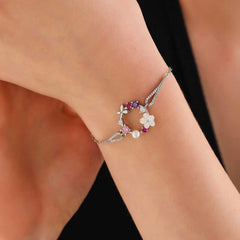 Silver Magnolia Flower Butterfly Women's Bracelet