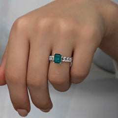 Silver Dark Green Baguette Stone Women's Ring