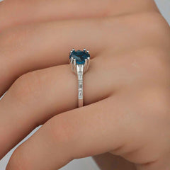 Silver Blue Baguette Single Stone Women's Ring