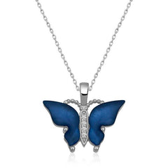 Silver Blue Tiger's Eye Stone Butterfly Necklace