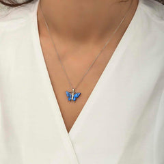 Silver Blue Tiger's Eye Stone Butterfly Necklace