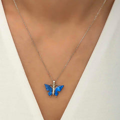 Silver Blue Tiger's Eye Stone Butterfly Necklace