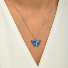 Silver Blue Tiger's Eye Stone Butterfly Necklace