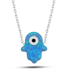 Silver Blue Evil Eye Opal Fatima Mother's Hand Women's Necklace