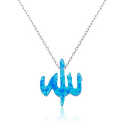Silver Blue Opal Stone Allah Written Women's Necklace