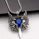 Silver Blue Stone Dragon Men's Sword Necklace