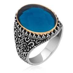 Bague homme ovale en argent et zircon bleu