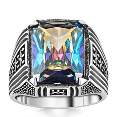 Bague homme carrée en argent avec topaze mystique