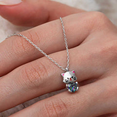 Silver Mystic Topaz Stone Cute Cat Necklace