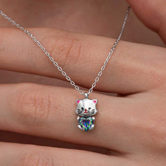 Silver Mystic Topaz Stone Cute Cat Necklace