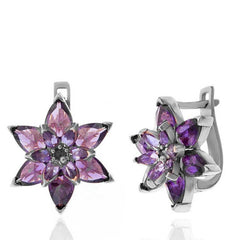 Boucles d'oreilles femme fleur de lotus violet argenté