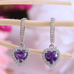 Silver Purple Stone Heart Women's Earrings