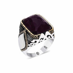Silver Purple Stone Angled Men's Ring