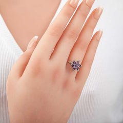 Silver Purple Stone Lotus Flower Women's Ring