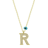 Silver Evil Eye Gold Letter R Women's Necklace