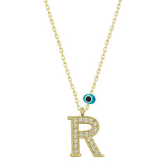 Silver Evil Eye Gold Letter R Women's Necklace