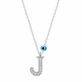 Silver Evil Eye Rhodium Letter J Women's Necklace