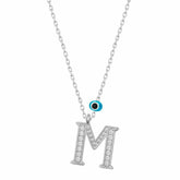 Silver Evil Eye Rhodium Letter M Women's Necklace