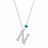 Silver Evil Eye Rhodium Letter N Women's Necklace