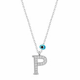 Silver Evil Eye Rhodium Letter P Women's Necklace