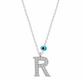 Silver Evil Eye Rhodium Letter R Women's Necklace