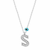 Silver Evil Eye Rhodium Letter S Women's Necklace