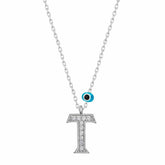Silver Evil Eye Rhodium Letter T Women's Necklace