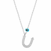 Silver Evil Eye Rhodium Letter U Women's Necklace