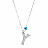 Silver Evil Eye Rhodium Letter Y Women's Necklace