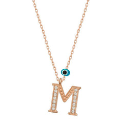 Collier pour femme en argent avec inscription « M » et motif rose mauvais œil