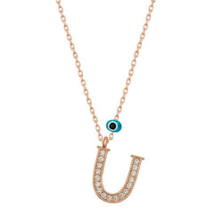 Silver Evil Eye Rose Letter U Women's Necklace