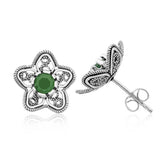 Silver Filigree Green Lotus Flower Stud Earrings