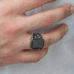 Silver Onyx Stone Patterned Men's Ring
