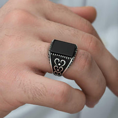 Silver Onyx Stone Patterned Men's Ring