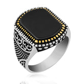 Silver Onyx Stone Patterned Men's Ring