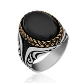 Silver Onyx Stone Patterned Men's Ring