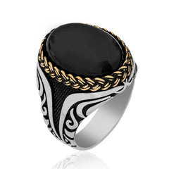 Silver Onyx Stone Patterned Men's Ring