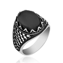 Silver Onyx Stone Patterned Men's Ring