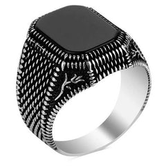 Silver Onyx Stone Patterned Men's Ring