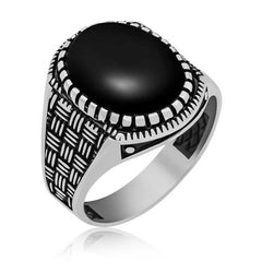 Silver Onyx Stone Patterned Men's Ring