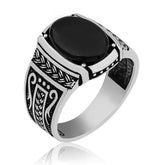 Silver Onyx Stone Knitted Patterned Men's Ring