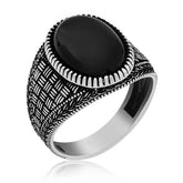 Silver Onyx Stone Knitted Patterned Men's Ring