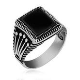 Silver Onyx Stone Crown Patterned Men's Ring