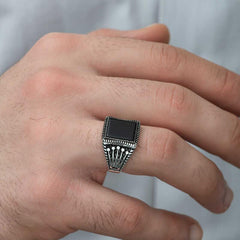 Silver Onyx Stone Crown Patterned Men's Ring