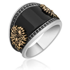 Bague homme en argent et pierre noire avec armoiries ottomanes