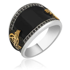 Bague Tughra pour homme en argent et pierre noire