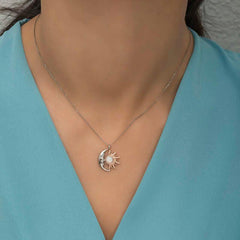 Silver Opal White Stone Moon Sun Women's Necklace